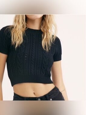 Free People Intimately Short and Sweet Cable Knit Sweater Black Crop Sleeve S
